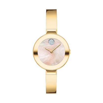 LADIES BOLD GOLD-TONE STAINLESS STEEL BANGLE BRACELET YELLOW MOP DIAL