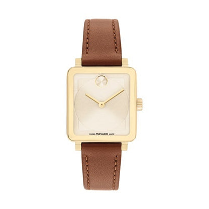 LADIES BOLD EVOLUTION 2.0 COGNAC LEATHER STRAP SQUARE WATCH CHAMPAGNE DIAL
