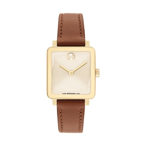 LADIES BOLD EVOLUTION 2.0 COGNAC LEATHER STRAP SQUARE WATCH CHAMPAGNE DIAL