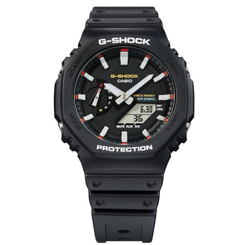 MENS 2100 G-SHOCK OCTAGON SLIM ANA-DIGI BLACK RESIN WATCH, BLACK/RED DIAL