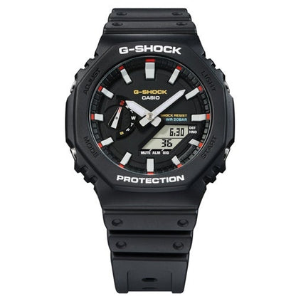 MENS 2100 G-SHOCK OCTAGON SLIM ANA-DIGI BLACK RESIN WATCH, BLACK/RED DIAL