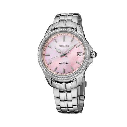LADIES COUTURA SILVER-TONE STAINLESS STEEL & DIAMOND WATCH PINK MOP DIAL