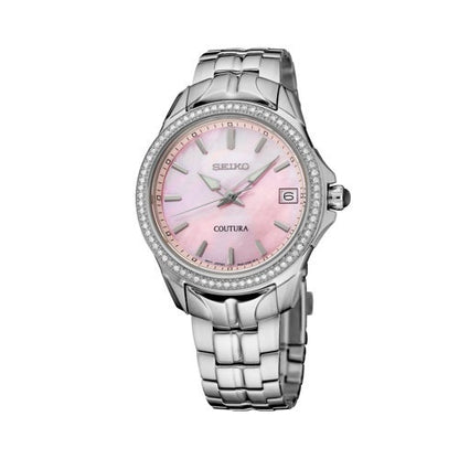 LADIES COUTURA SILVER-TONE STAINLESS STEEL & DIAMOND WATCH PINK MOP DIAL