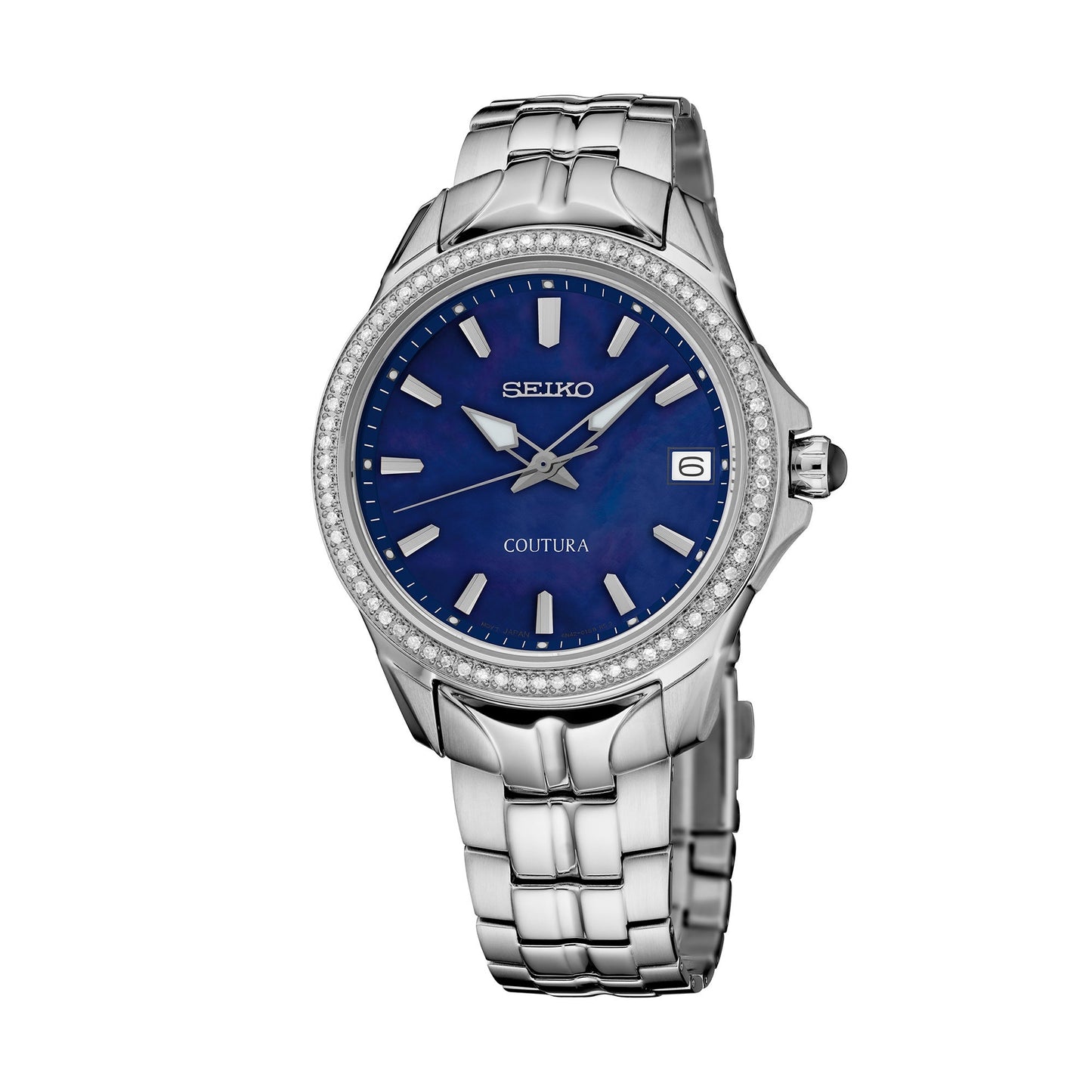 LADIES COUTURA SILVER-TONE STAINLESS STEEL & DIAMOND WATCH DARK BLUE MOP DIAL