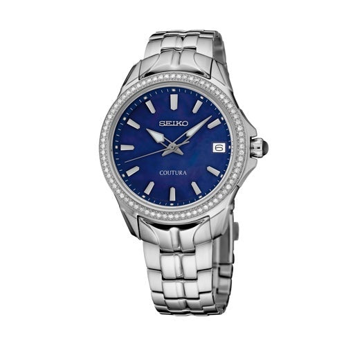 LADIES COUTURA SILVER-TONE STAINLESS STEEL & DIAMOND WATCH DARK BLUE MOP DIAL