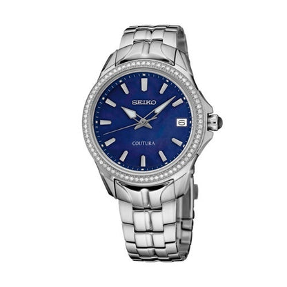 LADIES COUTURA SILVER-TONE STAINLESS STEEL & DIAMOND WATCH DARK BLUE MOP DIAL