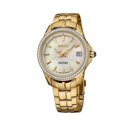 LADIES COUTURA GOLD-TONE STAINLESS STEEL & DIAMOND WATCH WHITE MOP DIAL