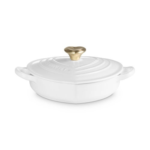1.25QT TRADITIONAL CAST IRON SHALLOW HEART COCOTTE W/ LIGHT GOLD KNOB WHITE