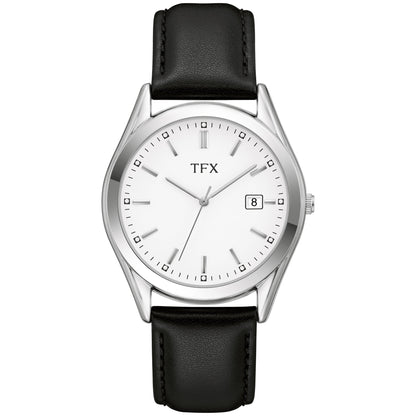 TFX MENS SILVER & BLACK LEATHER STRAP WATCH WHITE DIAL