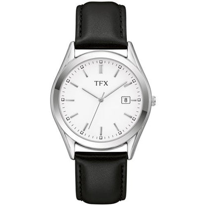 TFX MENS SILVER & BLACK LEATHER STRAP WATCH WHITE DIAL