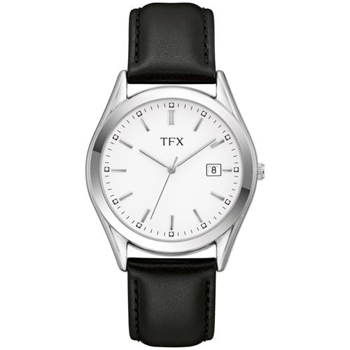 TFX MENS SILVER & BLACK LEATHER STRAP WATCH WHITE DIAL