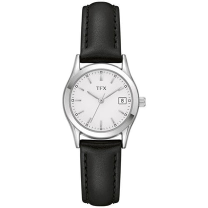 TFX LADIES SILVER & BLACK LEATHER STRAP WATCH WHITE DIAL