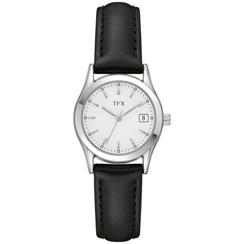 TFX LADIES SILVER & BLACK LEATHER STRAP WATCH WHITE DIAL