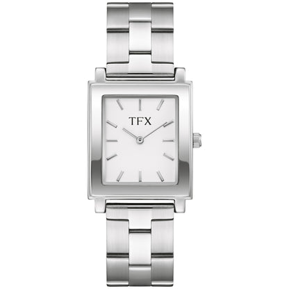 TFX MENS SILVER-TONE STAINLESS STEEL RECTANGLE WATCH WHITE DIAL