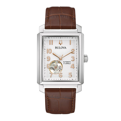 MENS SUTTON AUTOMATIC SILVER & BROWN LEATHER STRAP RECTANGLE WATCH, SILVER DIAL