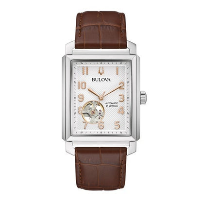 MENS SUTTON AUTOMATIC SILVER & BROWN LEATHER STRAP RECTANGLE WATCH, SILVER DIAL