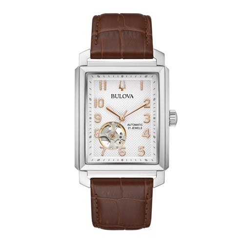 MENS SUTTON AUTOMATIC SILVER & BROWN LEATHER STRAP RECTANGLE WATCH, SILVER DIAL