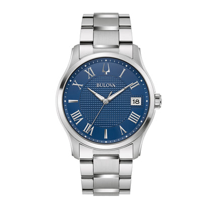 MENS CLASSIC WILTON SILVER-TONE STAINLESS STEEL WATCH, BLUE DIAL