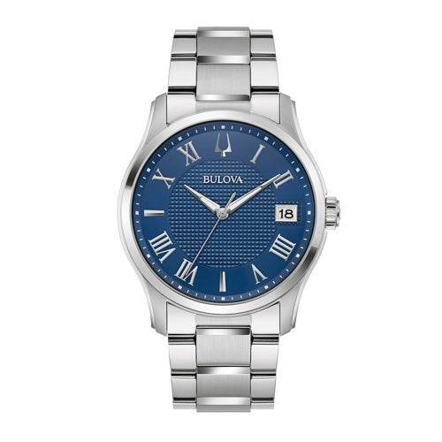 MENS CLASSIC WILTON SILVER-TONE STAINLESS STEEL WATCH, BLUE DIAL