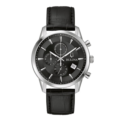 MENS SUTTON CHRONOGRAPH SILVER & BLACK LEATHER STRAP WATCH, BLACK DIAL