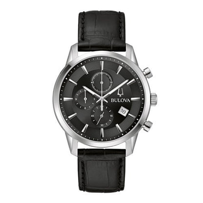 MENS SUTTON CHRONOGRAPH SILVER & BLACK LEATHER STRAP WATCH, BLACK DIAL