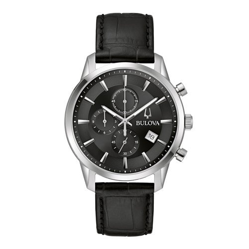 MENS SUTTON CHRONOGRAPH SILVER & BLACK LEATHER STRAP WATCH, BLACK DIAL