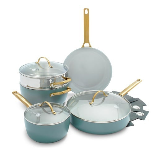 RESERVE CERAMIC NONSTICK 8PC COOKWARE SET W/ 2 PAN PROTECTORS SMOKY BLUE