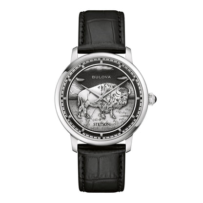 MENS STETSON BISON AUTOMATIC SILVER & BLACK LEATHER STRAP WATCH BLACK DIAL