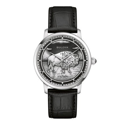 MENS STETSON BISON AUTOMATIC SILVER & BLACK LEATHER STRAP WATCH BLACK DIAL
