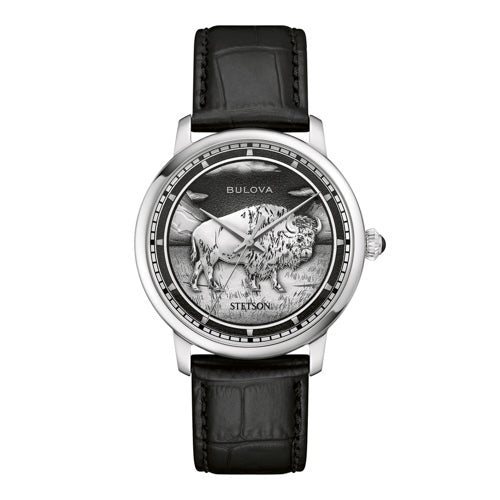 MENS STETSON BISON AUTOMATIC SILVER & BLACK LEATHER STRAP WATCH BLACK DIAL