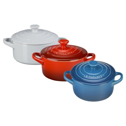 3PC RED WHITE & BLUE 8OZ STONEWARE MINI ROUND COCOTTE SET