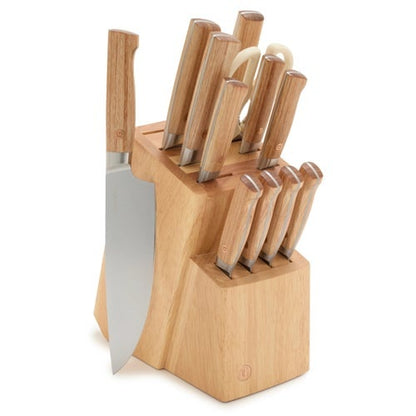ELITE CUTLERY 13PC KNIFE BLOCK SET W/ LIGHT WOOD HANDLES