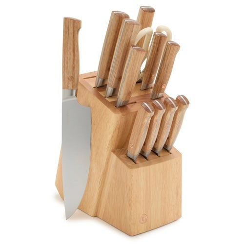 ELITE CUTLERY 13PC KNIFE BLOCK SET W/ LIGHT WOOD HANDLES