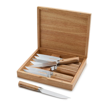 ELITE CUTLERY 8PC STEAK KNIFE SET W/ STORAGE BOX & LIGHT WOOD HANDLES