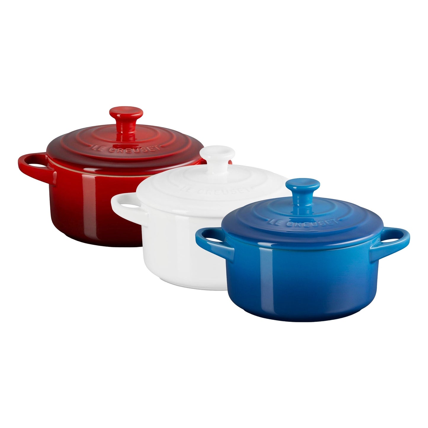 3PC RED WHITE & BLUE 24OZ STONEWARE MINI ROUND COCOTTE SET