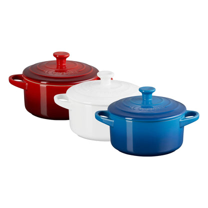 3PC RED WHITE & BLUE 24OZ STONEWARE MINI ROUND COCOTTE SET