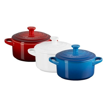 3PC RED WHITE & BLUE 24OZ STONEWARE MINI ROUND COCOTTE SET