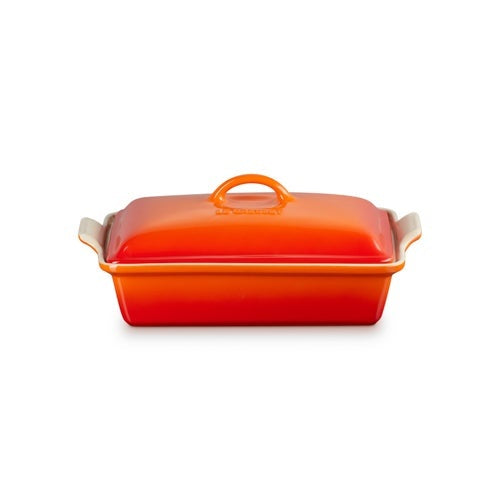 4QT HERITAGE STONEWARE COVERED RECTANGULAR CASSEROLE, FLAME