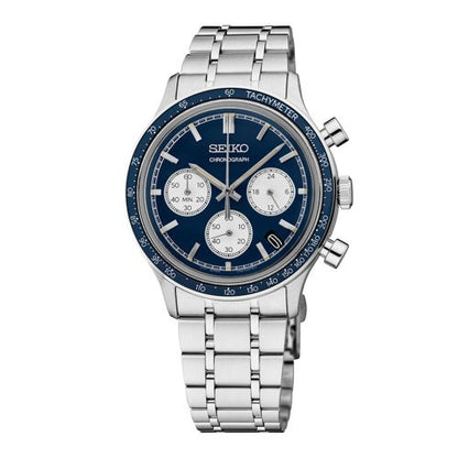 MENS ESSENTIALS CHRONOGRAPH SILVER-TONE STAINLESS STEEL WATCH BLUE DIAL