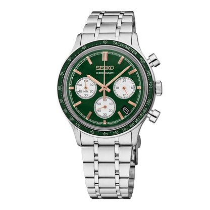 MENS ESSENTIALS CHRONOGRAPH SILVER-TONE STAINLESS STEEL WATCH GREEN DIAL
