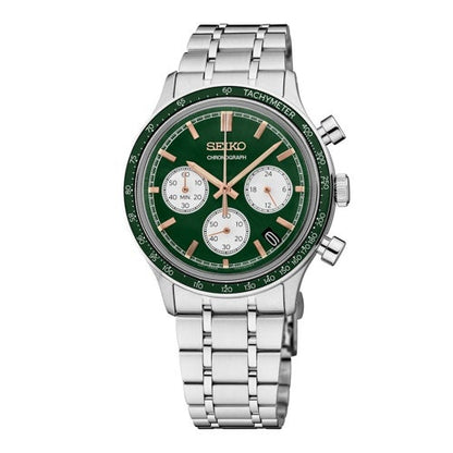MENS ESSENTIALS CHRONOGRAPH SILVER-TONE STAINLESS STEEL WATCH GREEN DIAL