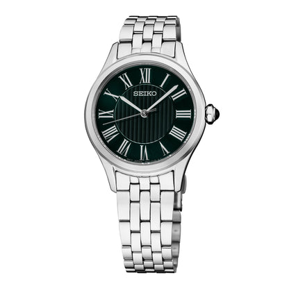 LADIES ESSENTIALS SILVER-TONE STAINLESS STEEL WATCH GREEN DIAL