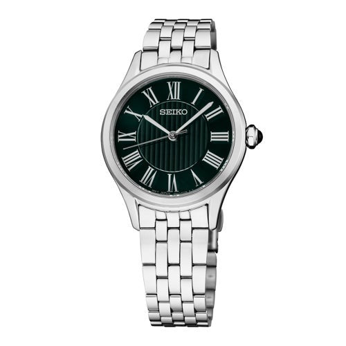 LADIES ESSENTIALS SILVER-TONE STAINLESS STEEL WATCH GREEN DIAL
