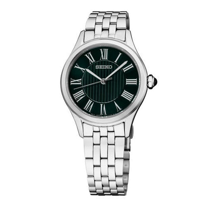 LADIES ESSENTIALS SILVER-TONE STAINLESS STEEL WATCH GREEN DIAL