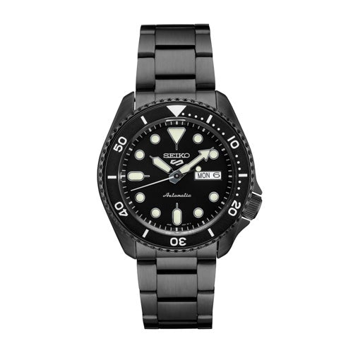 Mens Seiko 5 Sports Automatic Black Stainless Steel Watch Black Dial